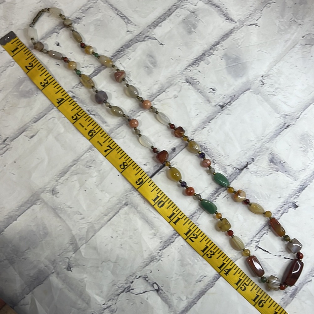 Vintage Multi-Colored Polished Agate Stone Beaded Necklace with Bronze Beads 17" - Picture 9 of 9